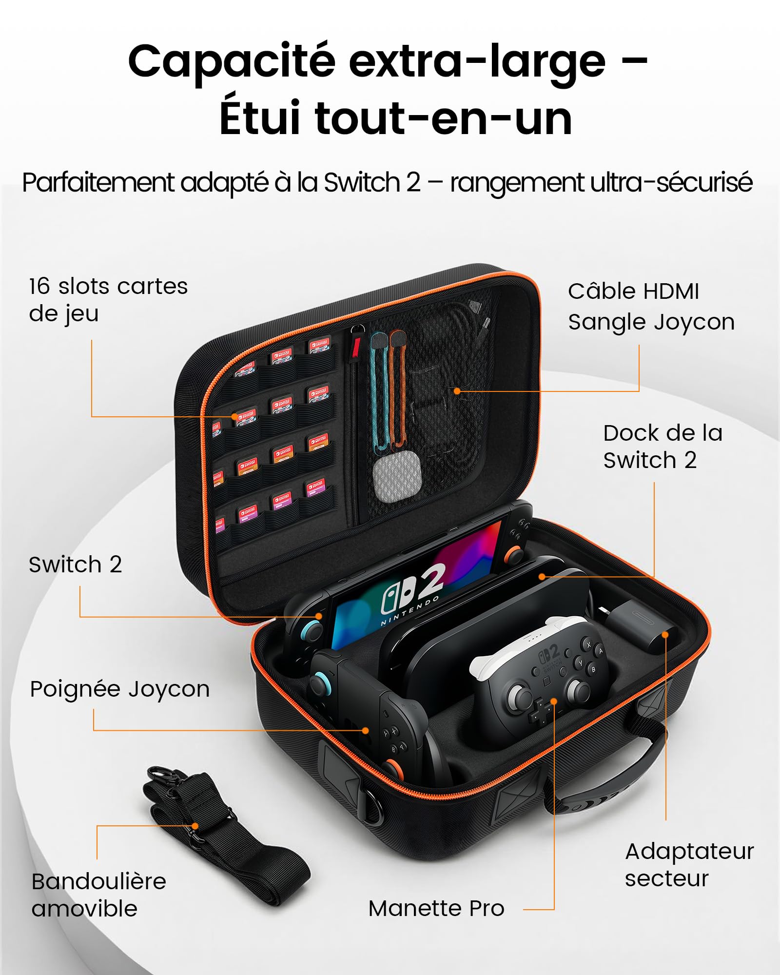 Pochette de Transport Tout-en-Un Compatible avec Nintendo Switch 2 2025, Housse Étui de Protection Rigide Grande Capacité avec 16 Emplacements pour Cartes, pour Console Switch 2 et Accessoires