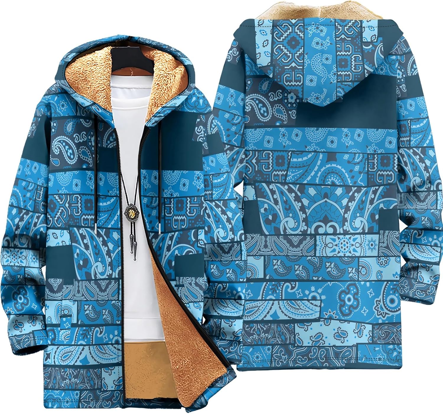 Medieval Western Jacket for Men, Winter Long Sleeve with Fleece Lining Hooded, Vintage Country Aztec Graphic Coat