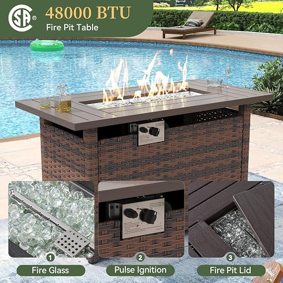 Aoxun 8 Piece Patio Furniture Set with 44 Fire Pit Table Wicker Rattan Outdoor Sectional Sofa Set with Coffee Table and Thickened Cushions, Beige