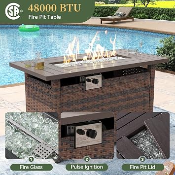 Aoxun 8 Piece Patio Furniture Set with 44 Fire Pit Table Wicker Rattan Outdoor Sectional Sofa Set with Coffee Table and Thickened Cushions, Beige