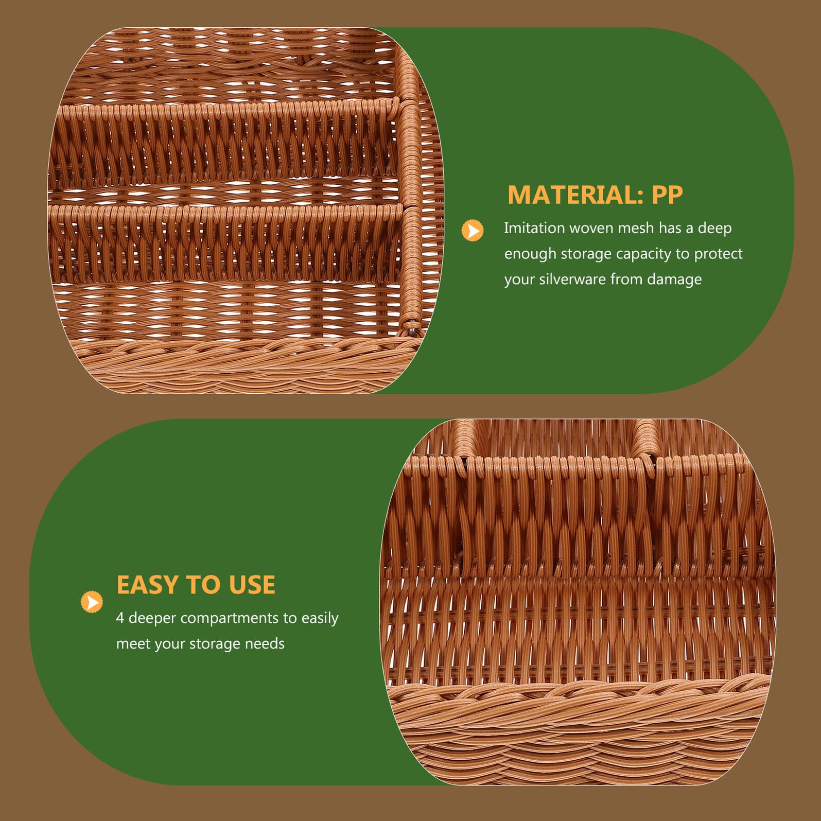 Cesta Organizadora de Cubiertos con Compartimentos Malla Tejida Imitación Ratán Bandeja Resistente y Multiusos para Cocina y Baño