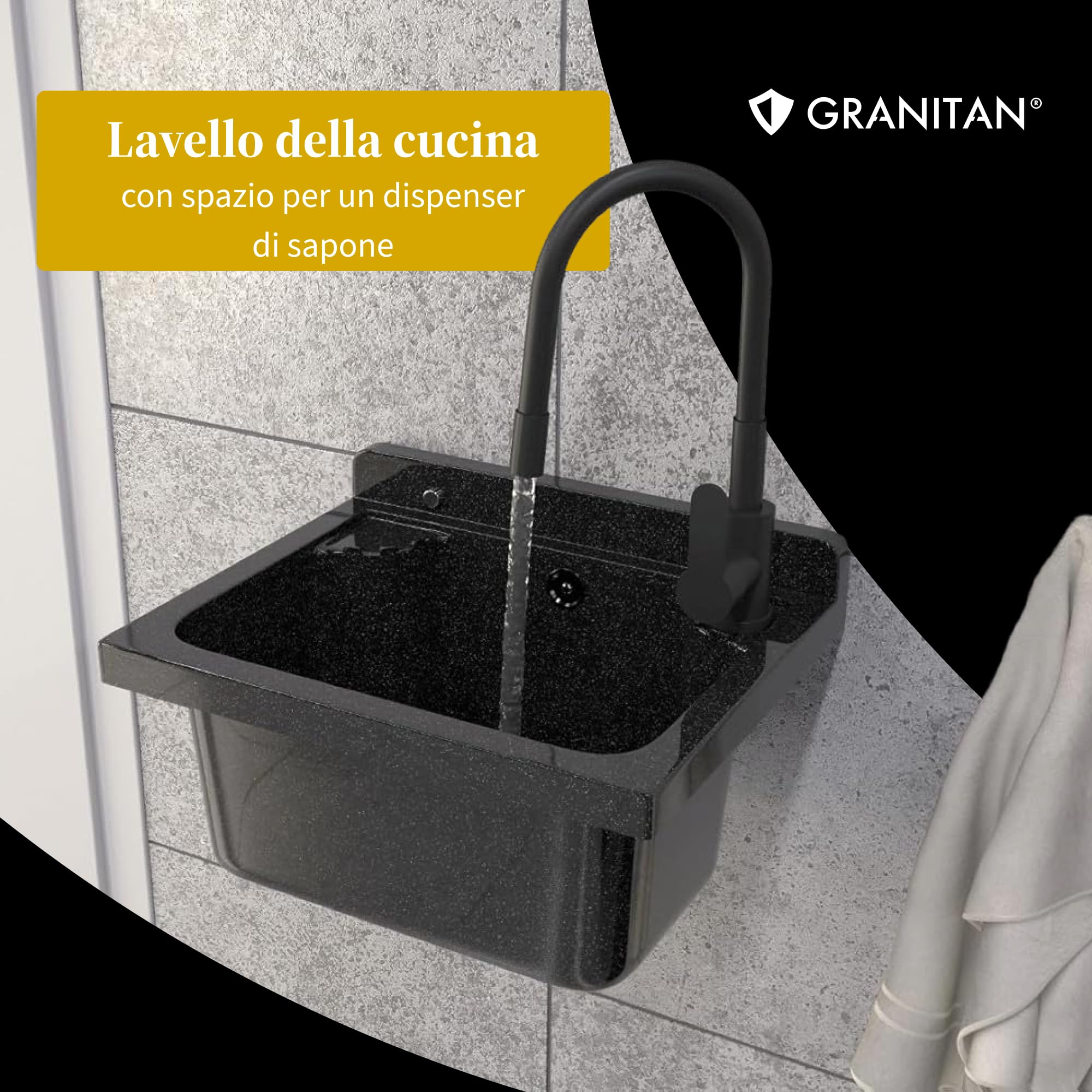 Set Lavandino + Sifone + Rubinetto - Lavatoio da Esterno 42x 34x24 cm - Lavandino esterno per lavanderia, garage, giardino - Lavabo Resistente agli acidi e alle sostanze chimiche - Bianco - Granitan