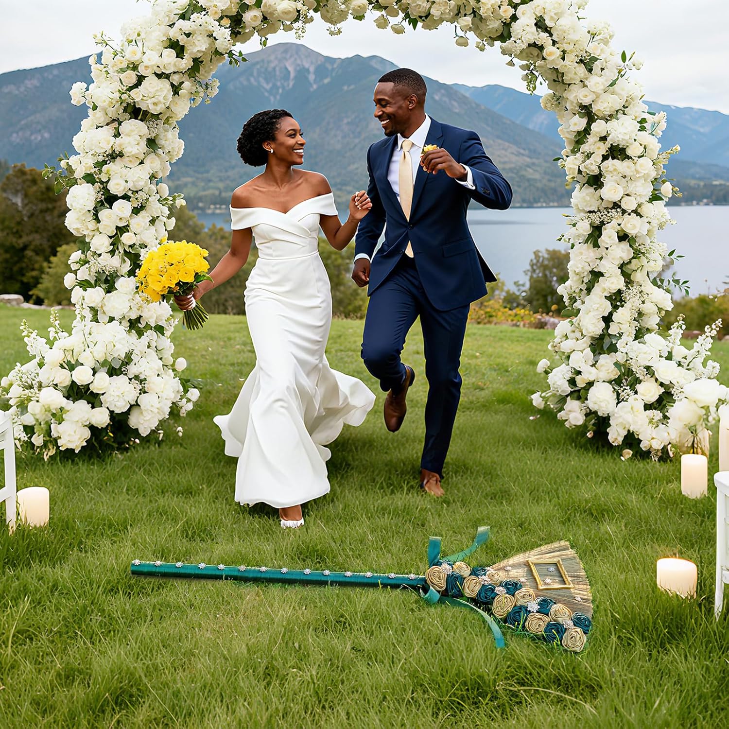 Wedding Broom for Jumping the Broom Ceremony, Green & Gold Velvet Roses with Crystals, Brooch & Photo Frame, Decorative Wedding Keepsake & Display, 40in