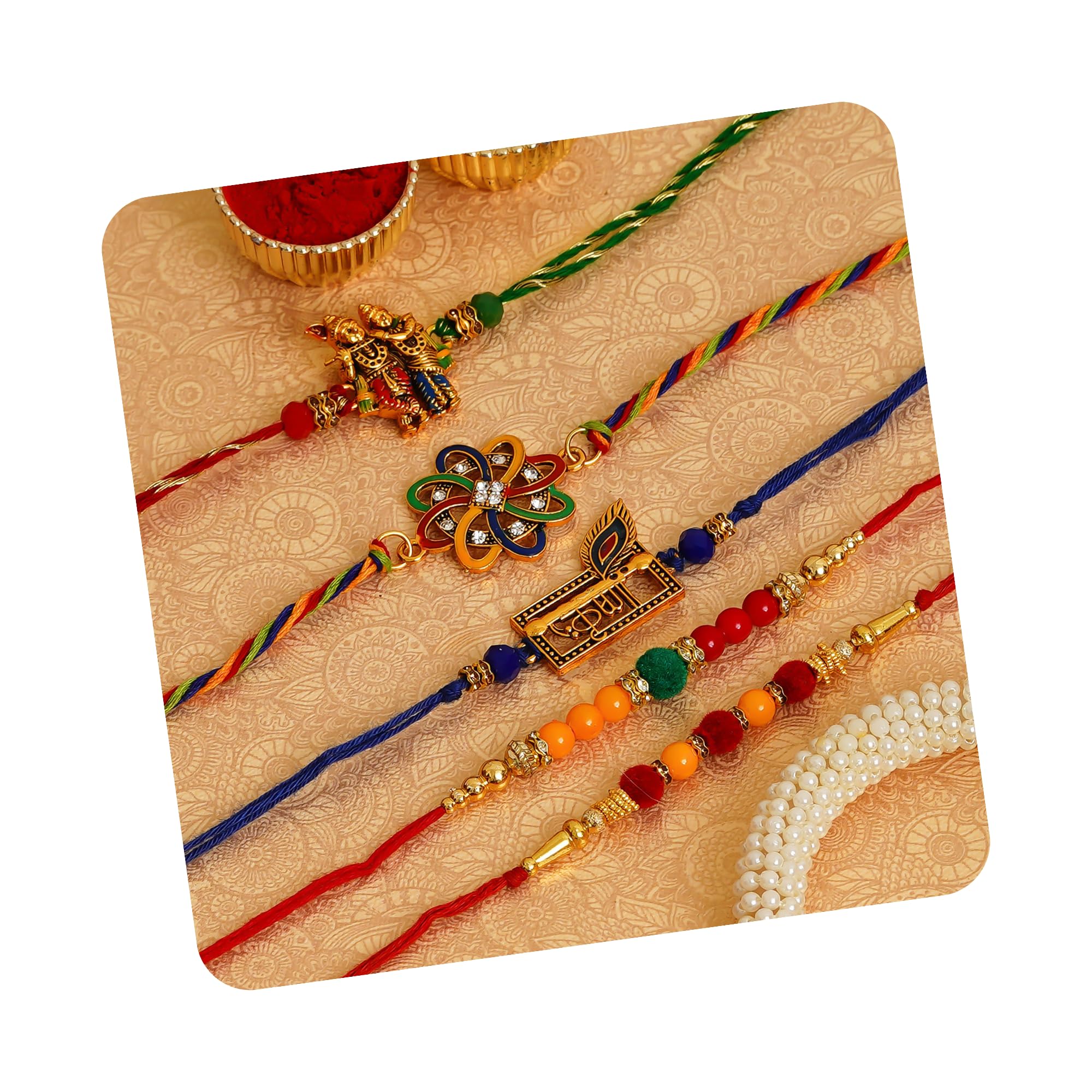 ecraftindia Colorful Set of 5 Radha Krishna, Krishna Word with Peacock Feather, Flower, and Pearl Designer Rakhis with Roli Chawal Pack - Rakhis for Brothers-picture-0