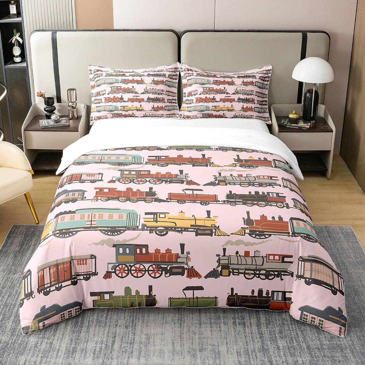 Kids Train 100% Cotton Bedding Set Single Size,Watercolor Cartoon Car Duvet Cover 2pcs for Kids Boys Room Decor,Vintage Traffic Vehicle Comforter Cover,Girls Car Pink Quilt Cover,Not Comforter