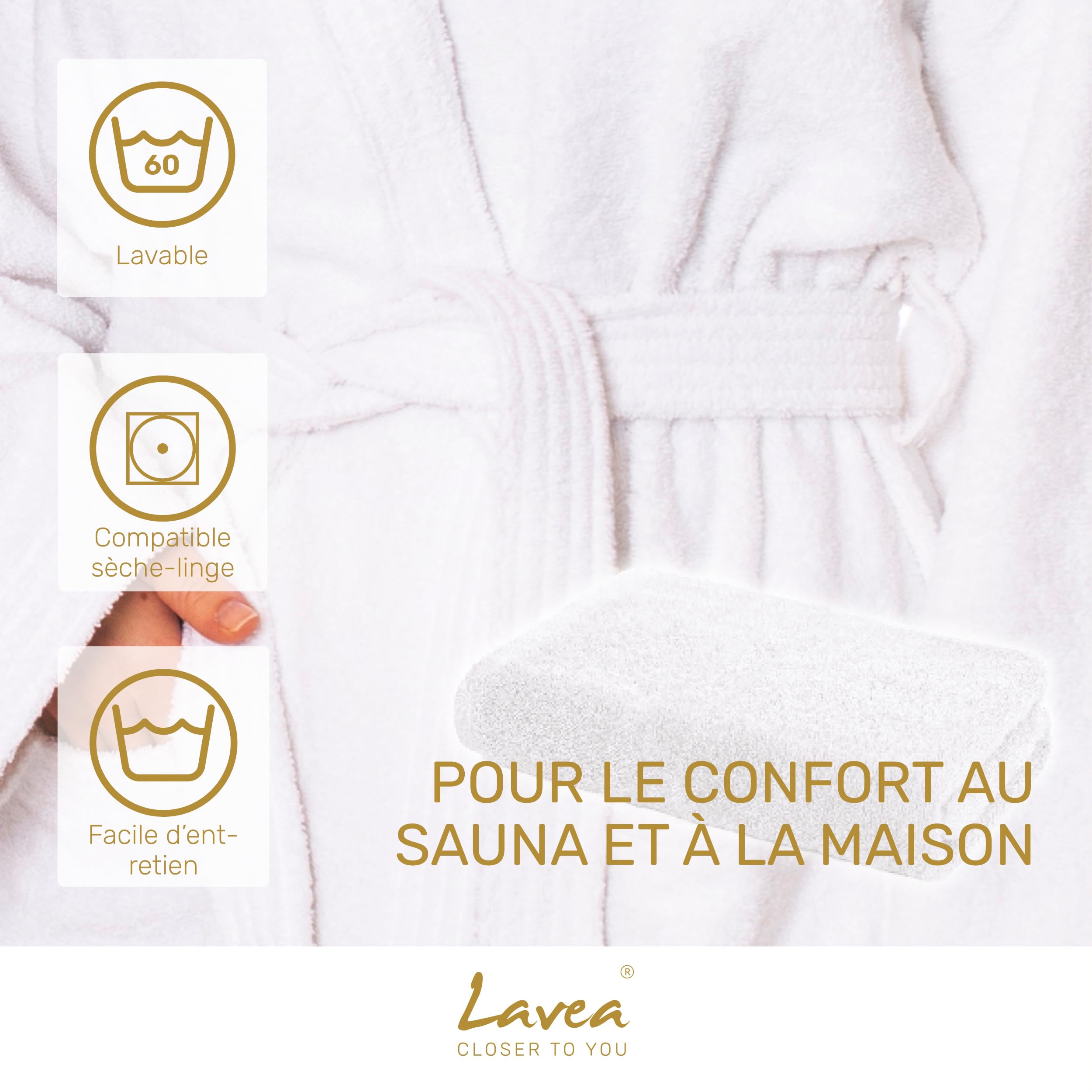 Lavea® Ensemble Sauna Peignoir pour Hommes et Femmes avec Grande Serviette de Douche 80x200 cm – Serviettes en 100% Coton, Douces et Absorbantes, avec Capuche et Ceinture, Oeko-TEX® – Blanc