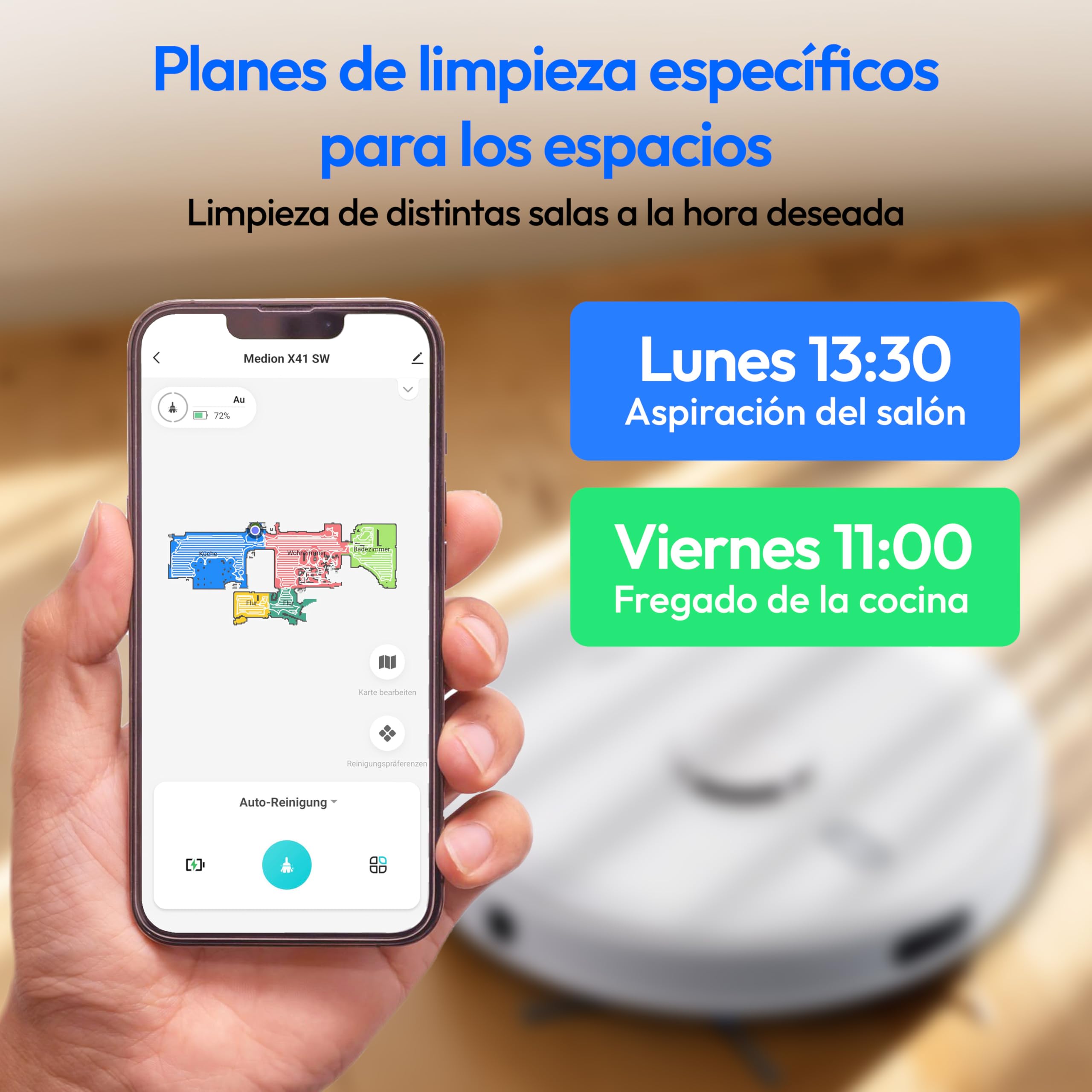 MEDION Robot Aspirador con navegación láser y función de Limpieza X41 SW (Potente Potencia de aspiración de 8000Pa, Robot Aspirador 2en1, mapeo preciso, Zonas Go & No Go, múltiples Suelos)