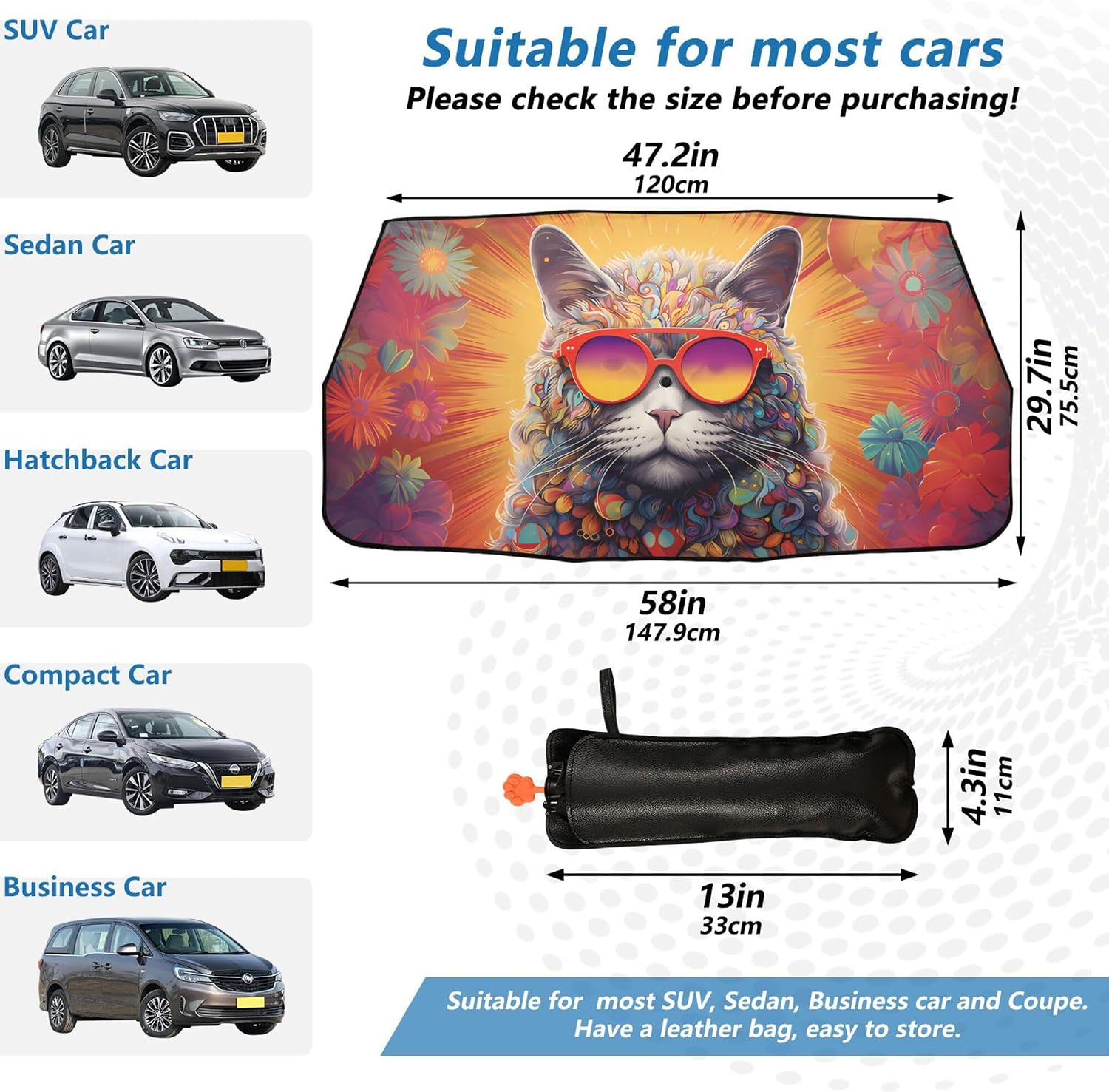 Car Umbrella Sun Shade Cover, Cat and Flower Umbrella Sun Shade for Car Truck Window Front Windshield, Blocks UV Rays Sun Visor Protector Sun Heat Reflector to Keep Your Vehicle Cool