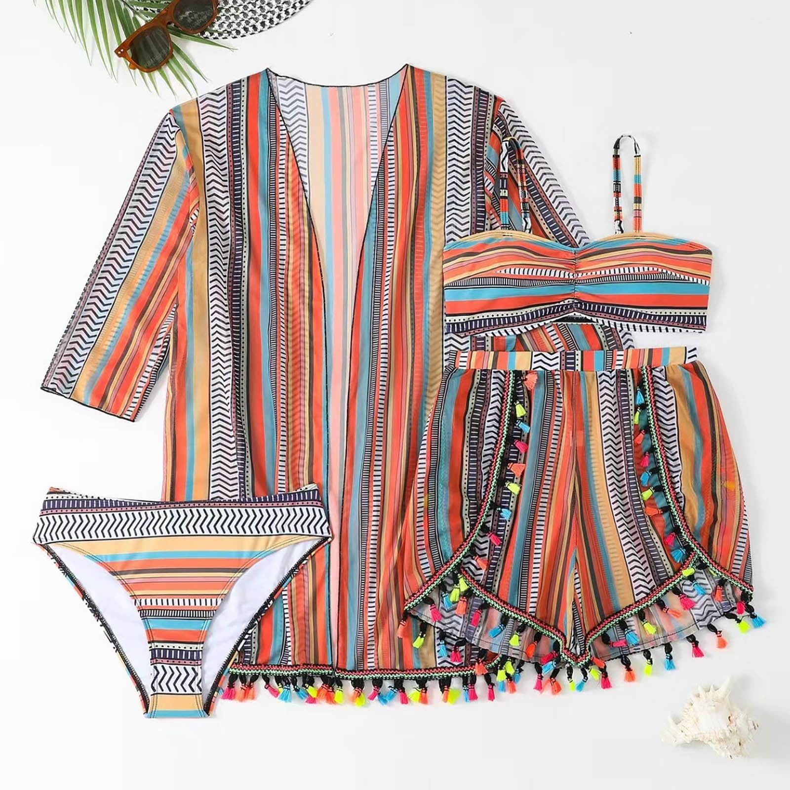 Generisch Bikini à franges, maillot de bain 4 pièces avec protection solaire, tankini vêtements de plage