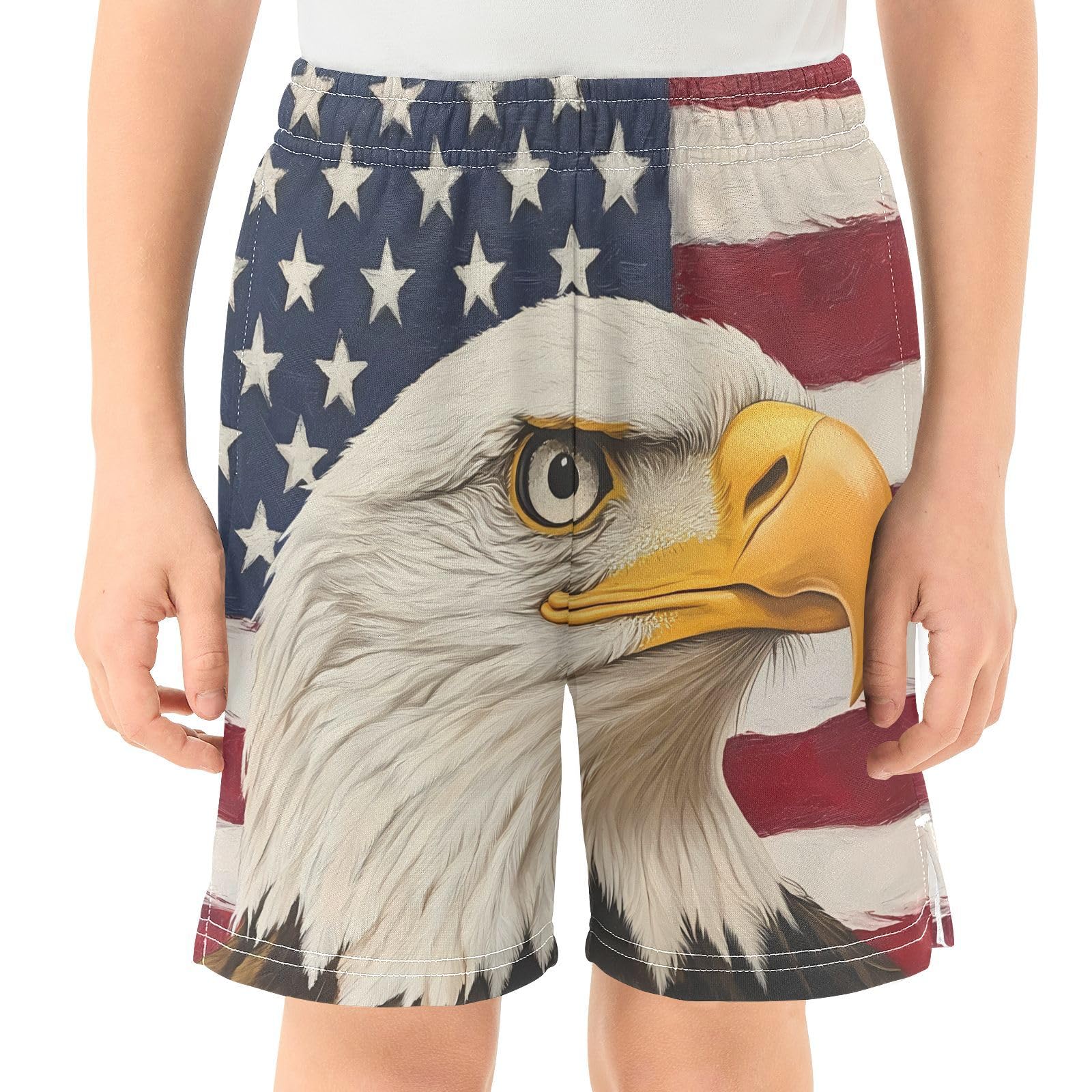 Retro Bald Eagle American Flag Boys Athletic Shorts Kids with Pockets Shorts for boy Girls 12-13 Y Multicolor