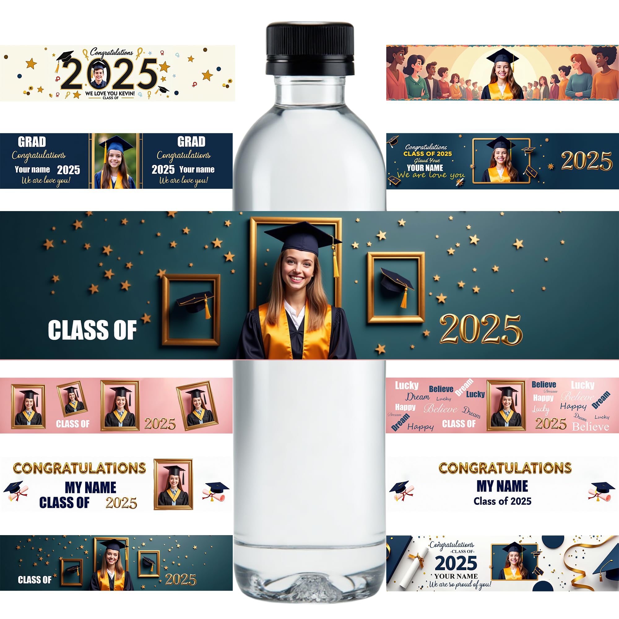 Personalised 'Class of 2025' Water Bottle Labels - Custom Photo & Name Stickers for Graduation | Waterproof Wrappers for Grad Party Favors, Senior Gifts & School Events