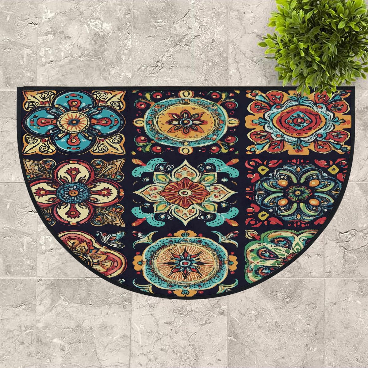 Mexpekil Paillasson mexicain ethnique floral demi-lune pour intérieur et extérieur, antidérapant, lavable, absorbant, anti-saleté, 100 x 160 cm