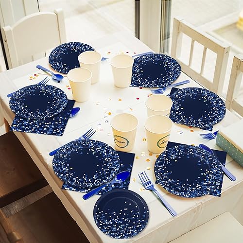 Miniatura 7 de 96 piezas de suministros de fiesta azules y plateados, platos de papel de confeti con purpurina brillante, decoración de fiesta, juego de vajilla de