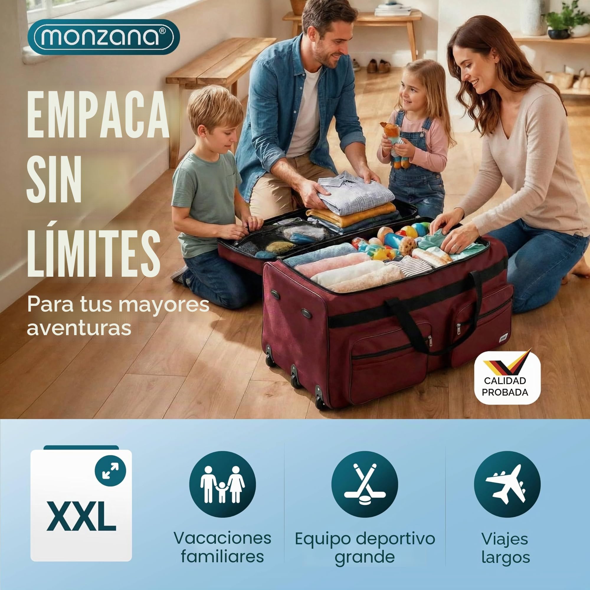 monzana® Bolso de Viaje XXL Rojo 160L 85x43x44 Ruedas Asa Telescópica Deporte Equipaje Función Trolley