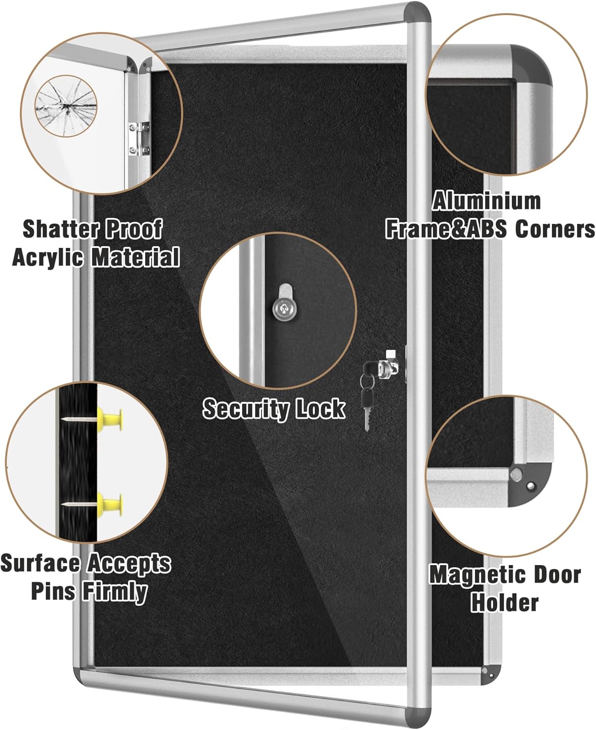 Mifuro 36"x24" Enclosed Bulletin Board, Lockable Weather-Resistant Aluminum Cork Noticeboard for School & Office, Silver Frame w/Black Flet