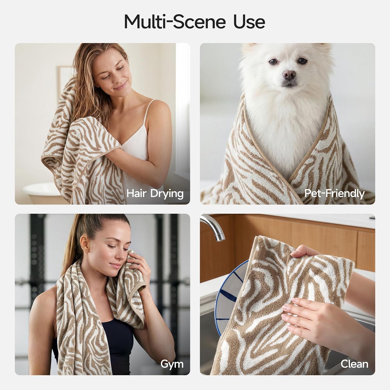 REDKISS Zebra Striped Hand Towels 2 Pack - 100% Cotton Decorative Bathroom Towel Set, Large Size 35”x16” Soft Thick Absorbent Lint-Free Towels for Bathroom, Kitchen, Spa & Guest Use, Brown