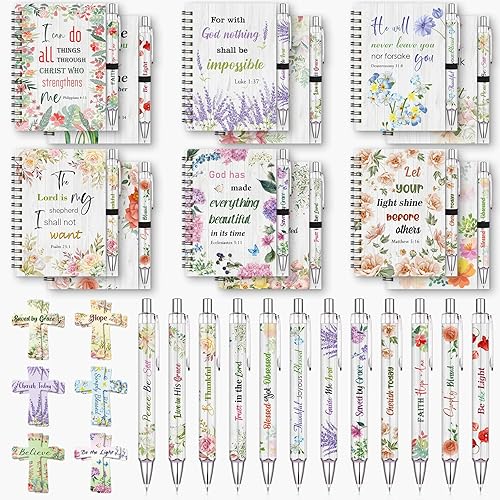 36 Pcs Christian Bulk Gifts for Women: 12 Bible Verse Spiral Notebooks with 12 Scripture Pens & 12 Magnetic Bookmarks, Floral Prayer Journal Religious Gifts for Staffs Coworkers Teachers Students Men