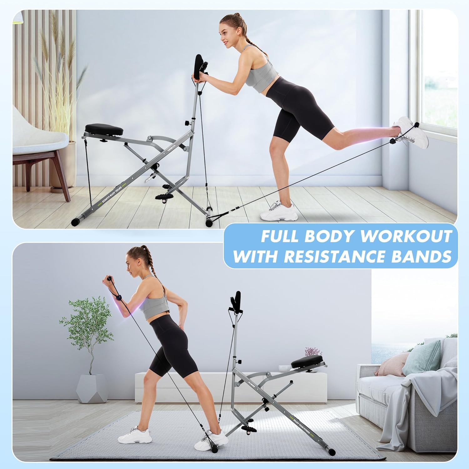 Two images showing full body workouts with resistance bands using the FLYBIRD Squat Machine, including leg and arm exercises