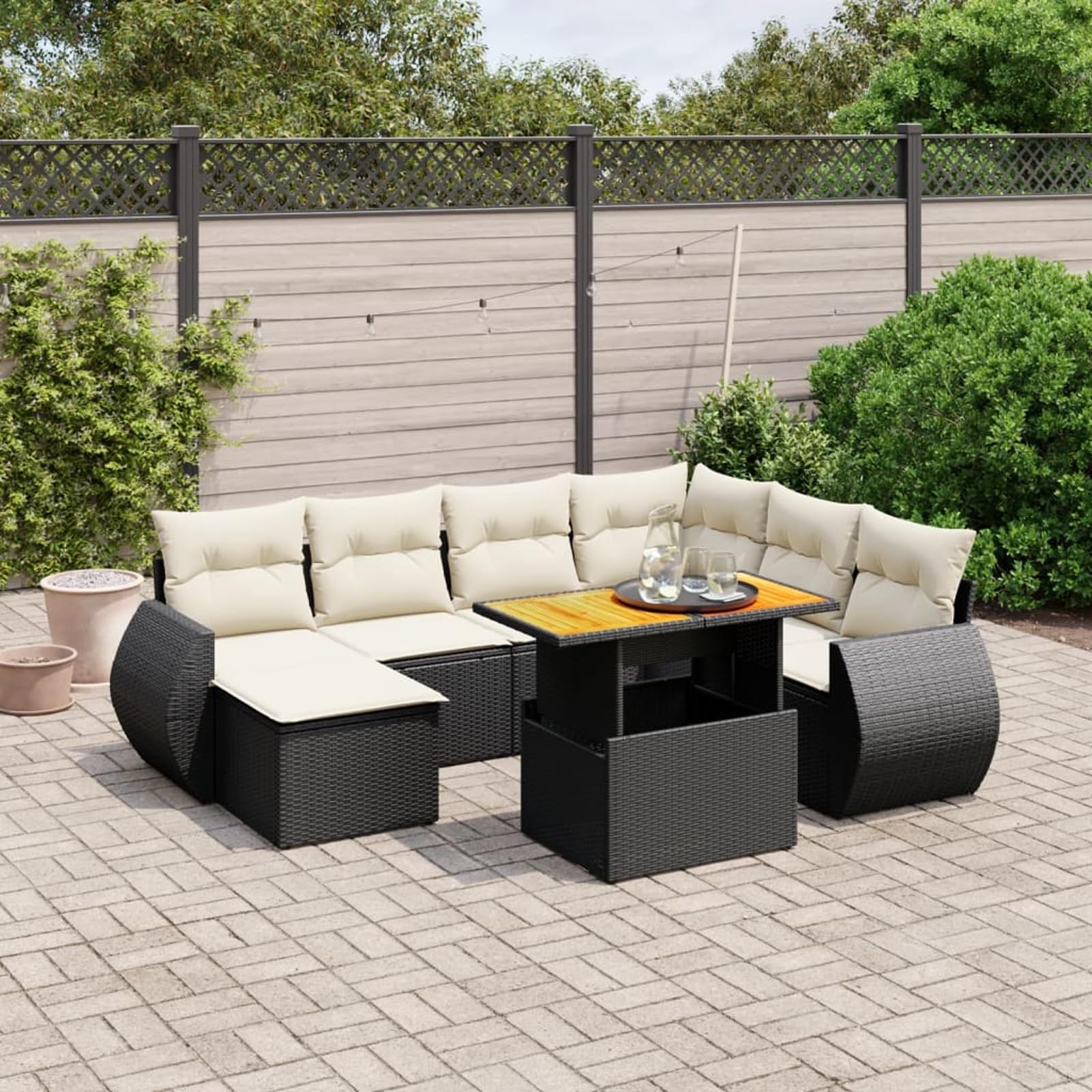 Sofa Jardin Exterior de Ratán con Mesa de Jardín Ajustable, Set Muebles de Salon Exterior, Muebles Jardin Exterior, Muebles de Terraza, Muebles Jardín con Cojines Negro 8 Plazas-Type-366