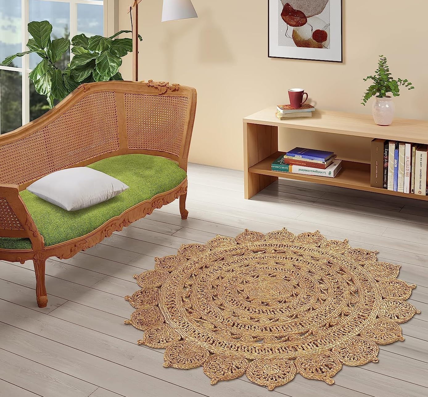 GRUHUM Handwoven Jute Area Rug-6 feet Round-Natural Fiber Boho Soft Braided Rustic Vintage Beige Reversible EcoFriendly Rugs Farmhouse Indoor EcoFriendly Kitchen Bedroom Living Room Hallways (6'Round) 6' (Round) Natural- 04