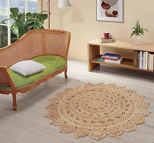 Gruhum Alfombra de yute de 6 x 6 pies, colección redonda de fibra natural, hecha a mano, bohemio, con dije de granja, alfombra trenzada suave para