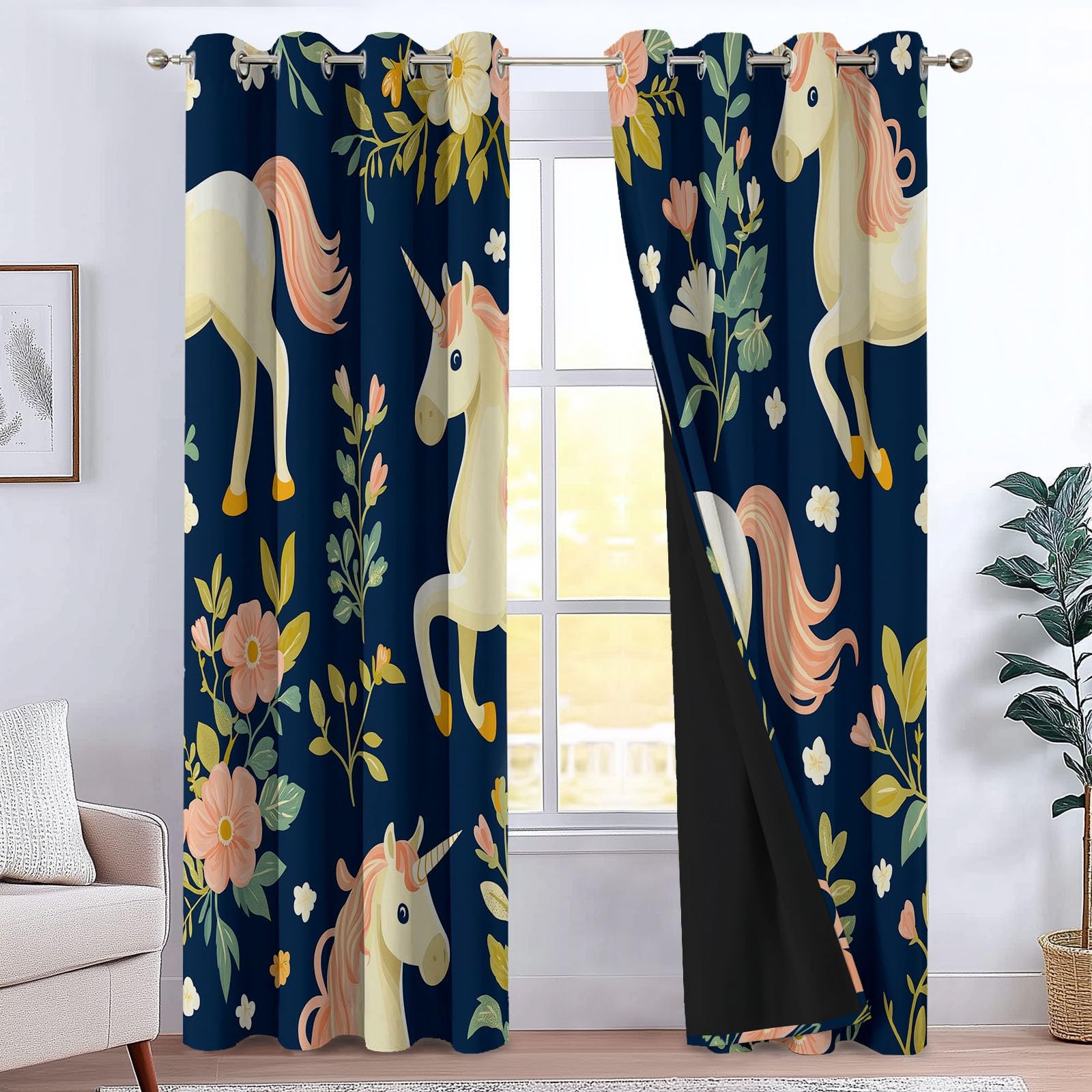 Générique Rideau Occultant Animaux Licorne, Rideaux Isolant Thermiques et Phonique - Draperies Oeillets Anti Froid Plantes Et Fleurs pour Salon Chambre Fenêtre Décoration 140L x 260H cm 2 Panneaux