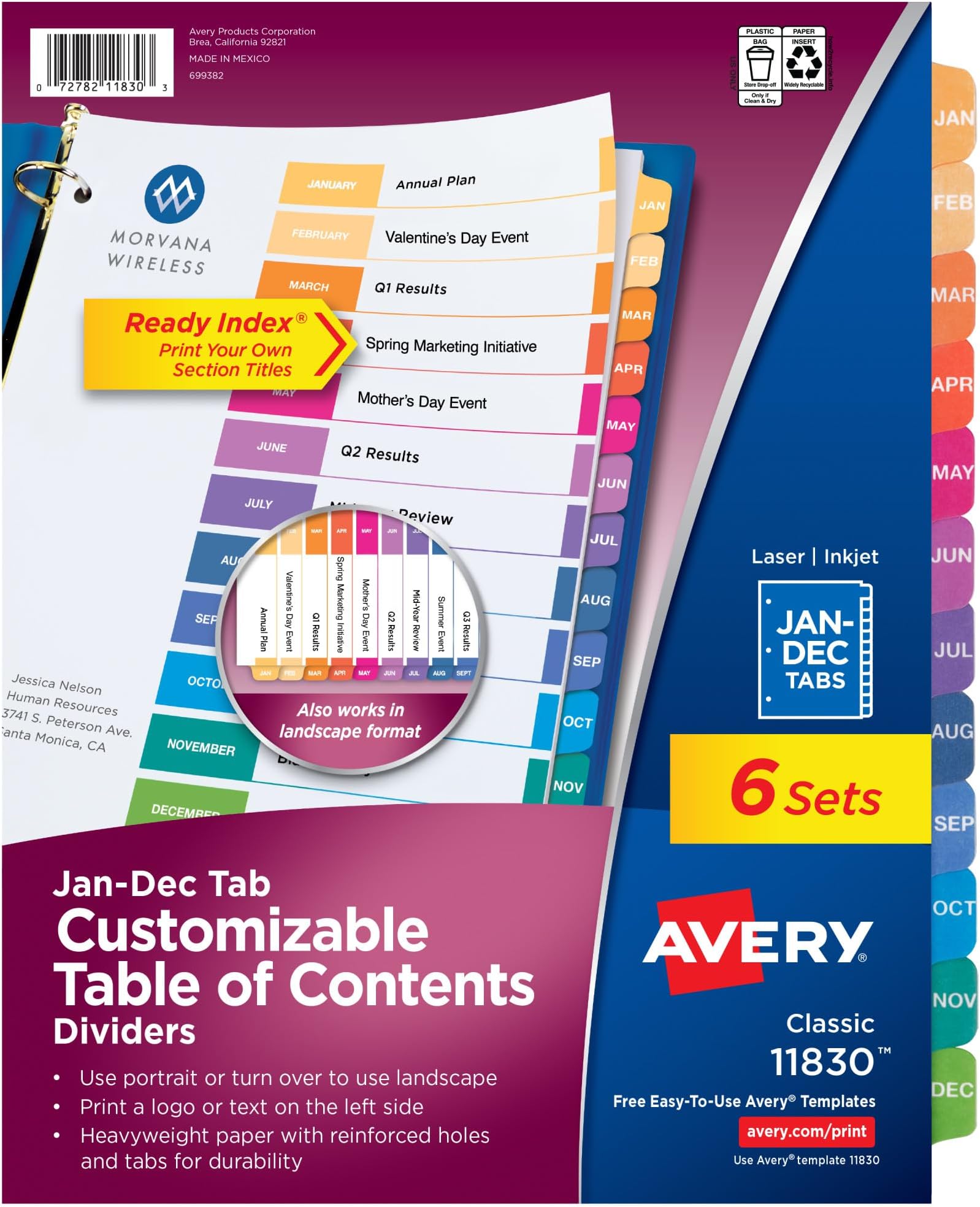Avery Jan-Dec Dividers for 3 Ring Binders, 12 Tabs per Set, Customizable Table of Contents, Multicolor Tabs, Great for Organizing Reports, Projects, and More (6 Sets of 11830)