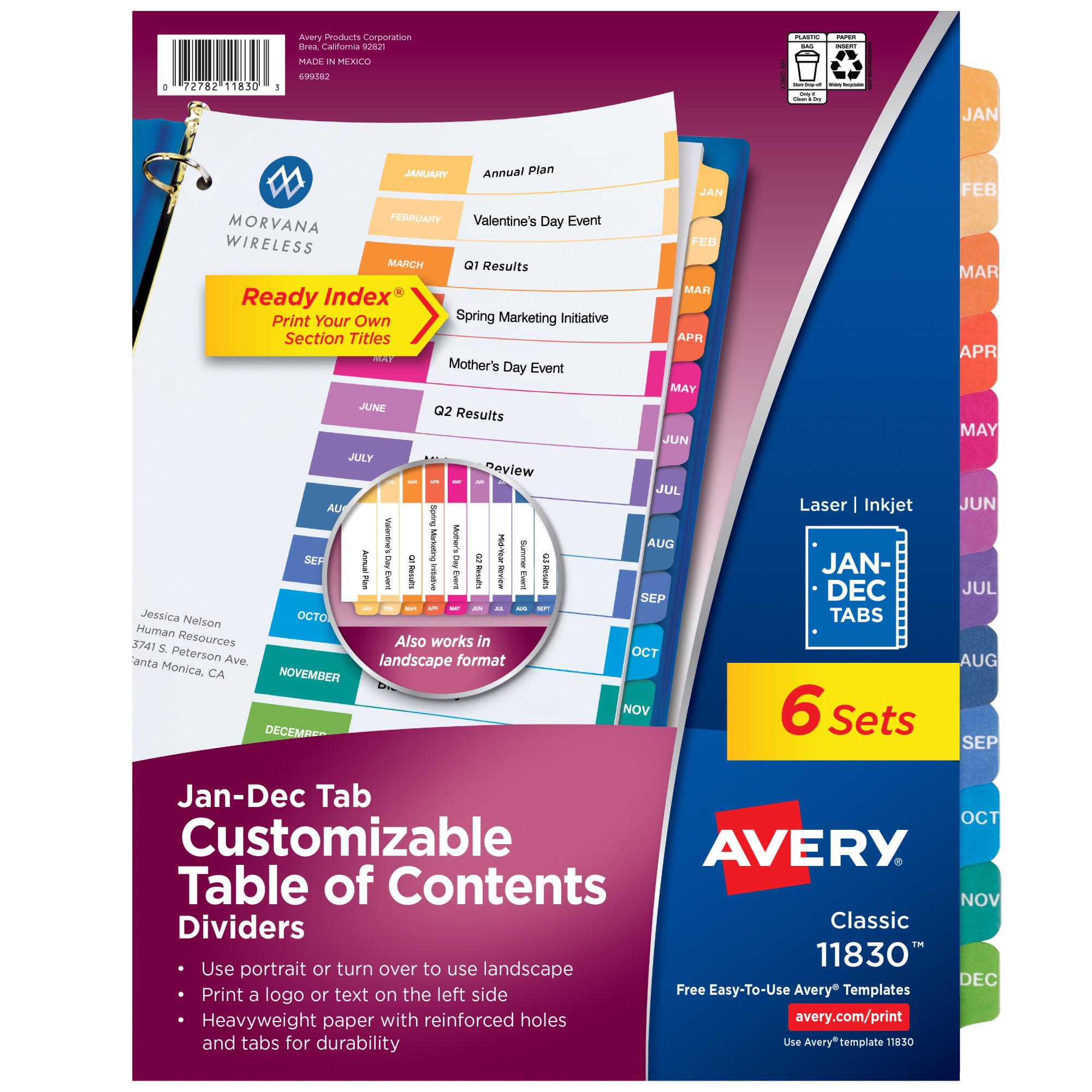 Avery Monthly Dividers for 3 Ring Binders, Customizable Table of Contents, Multicolor Tabs, 6 Sets (11830)