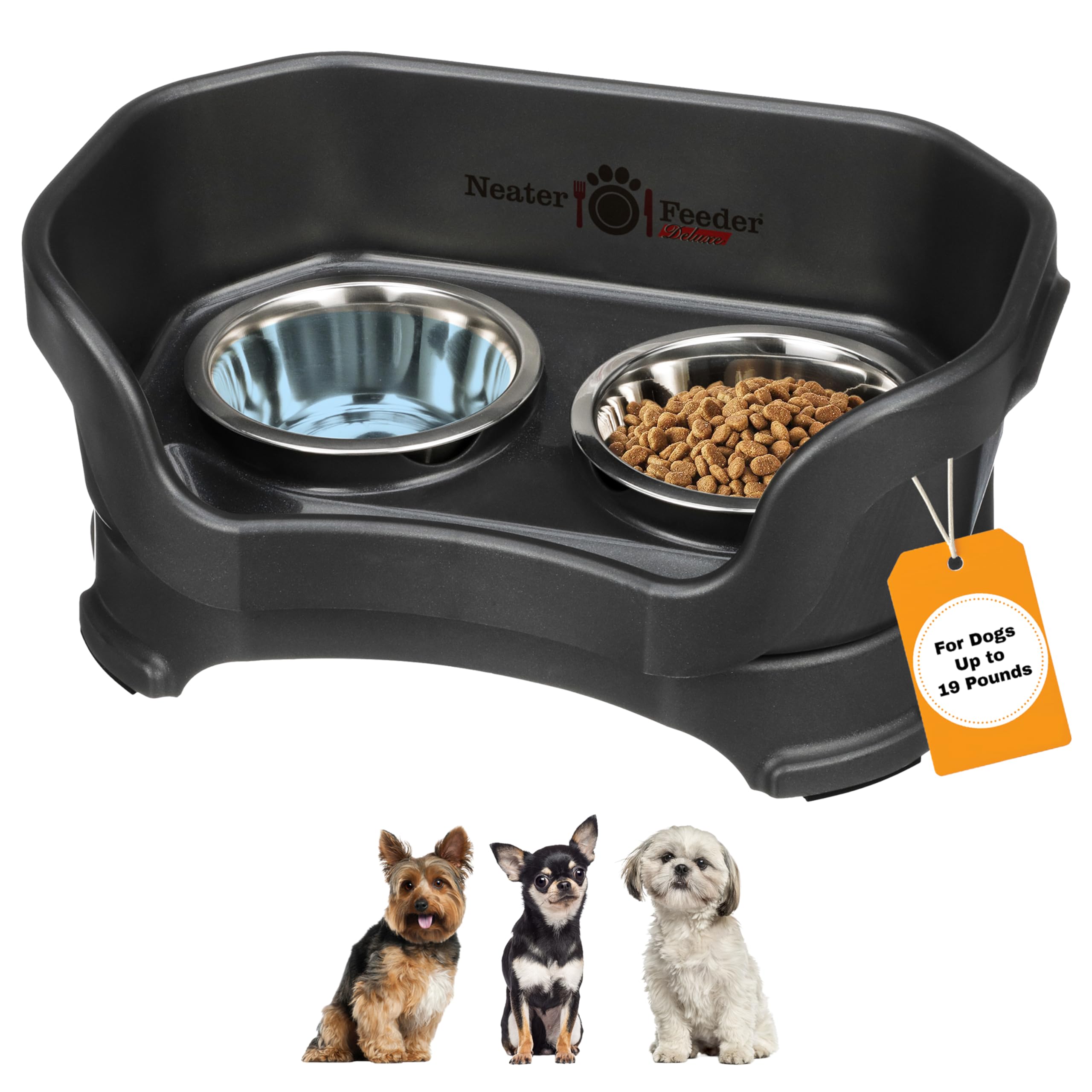 Neater Pet Brands Neater Feeder Deluxe Mess Proof Dog Bowls Elevated for Small Dogs Under 19 lbs, Made in USA, No Spill Raised Dog Food Bowl Stand Feeding Station, Food and Water Bowl Set, Black