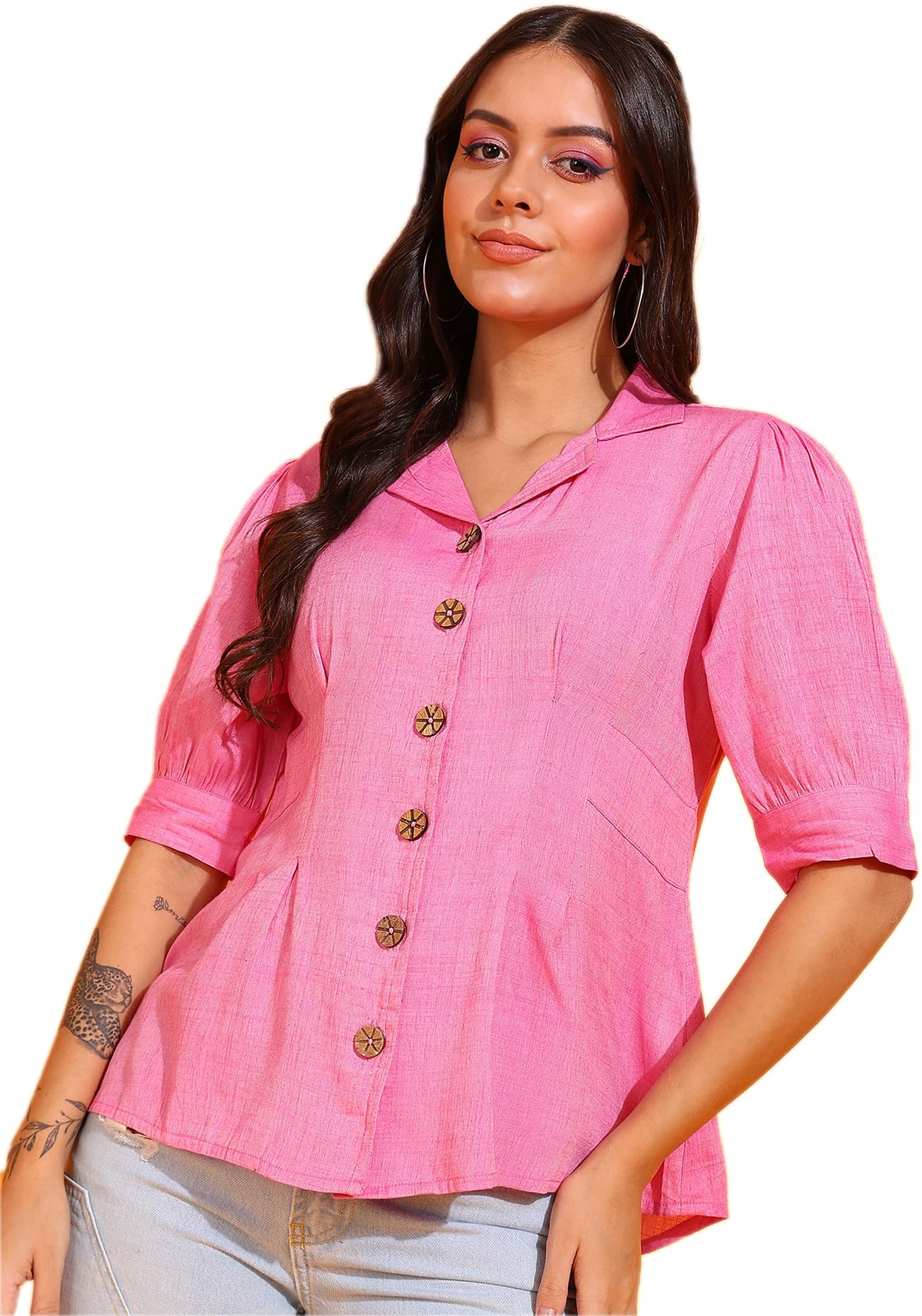 Yash Gallery Women's Cotton Regular Fit Collared Neck Short Sleeve Solid Shirt