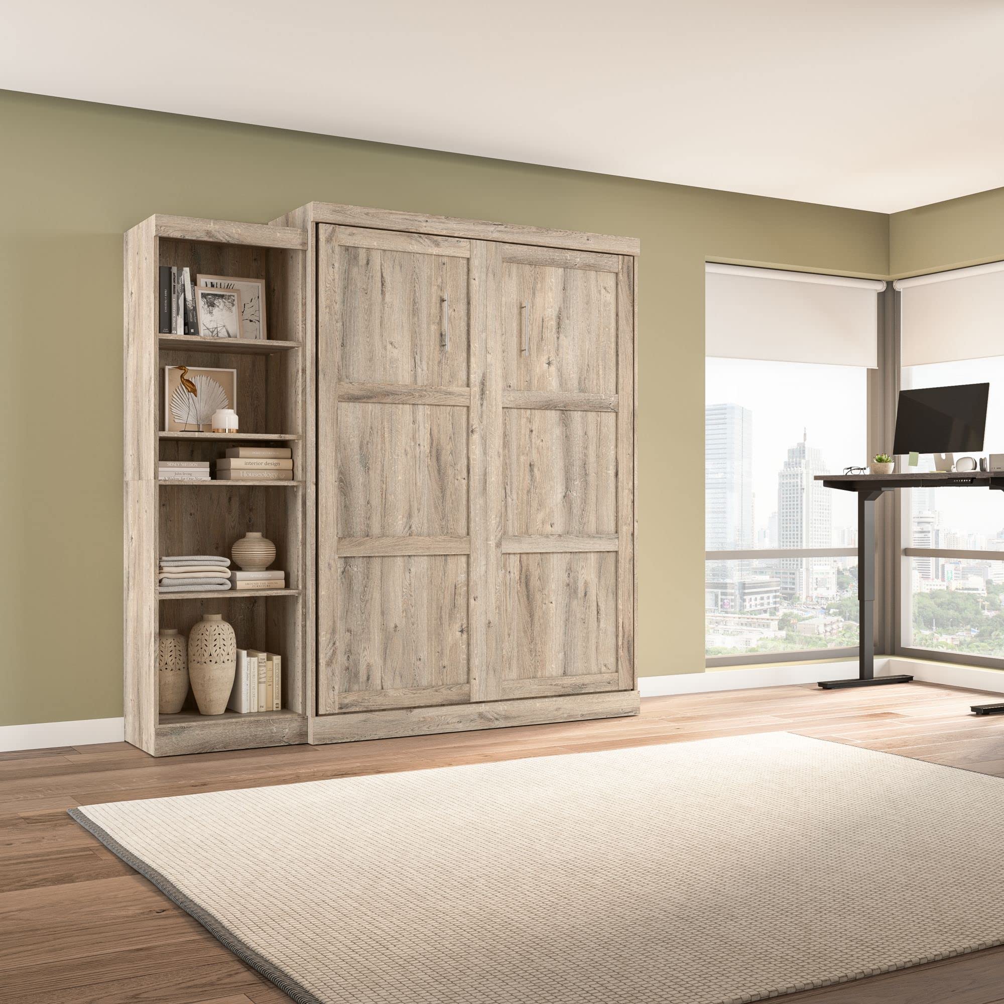 Bestar Queen Murphy Bed With Shelving Unit - Space-Saving Wall Bed In Rustic Brown
