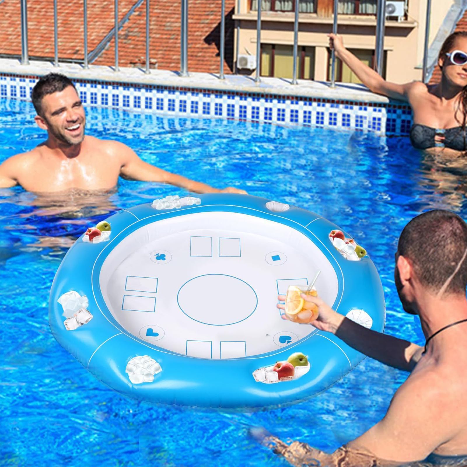 Floating Game Table, Inflatable Swim-Up Bar, 39.37x39.37 inch, Foldable Design with Food and Drink Holders, Ideal for 4 to 6 Players, Lake, Vacation, Camping, Cabana, Beach, Resort