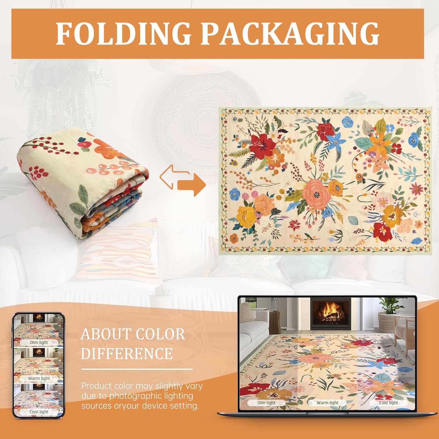 Rugs for Living Room 5x7 Washable Floral Rug Non Slip Soft Lightweight Carpet for Dining Room Bedroom Office