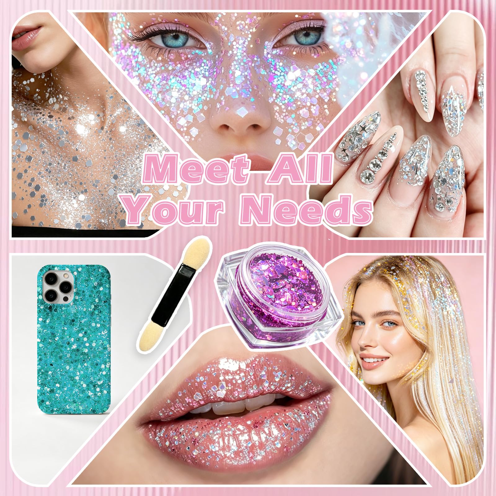 Glitter Viso Make up in Gel 12 colori Glitter per Corpo e Capelli Autoadesivo con Scintillii, Impermeabile 1 Fogli Adesivi con Strass per Trucco Professionale per Trucco Festival