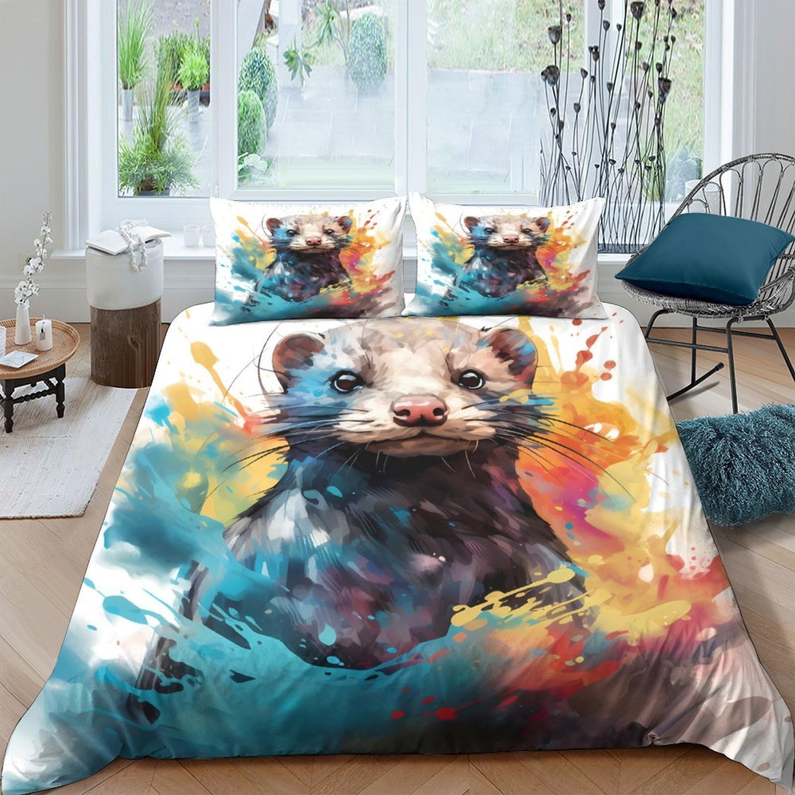 GPLZQXKJNH 3D Printed Watercolor Ferret Duvet Cover Microfiber Soft Breathable Abstract Animal Bedding Set with 2 Pillowcases for Bedroom Decor 120x120 Single（135x200cm）