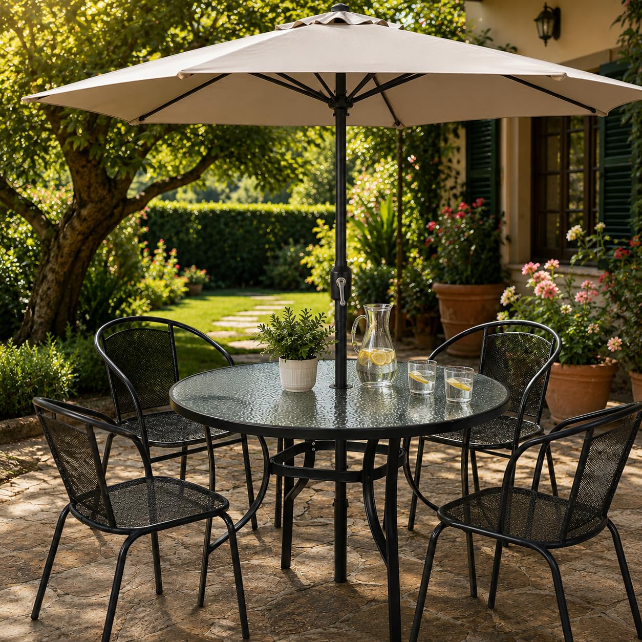 Tavolo Giardino Rotondo 100 cm con Foro Ombrellone e Vetro | Tavolo da esterno per 4 persone, ideale per giardino e terrazzo, piano in vetro, predisposto per ombrellone