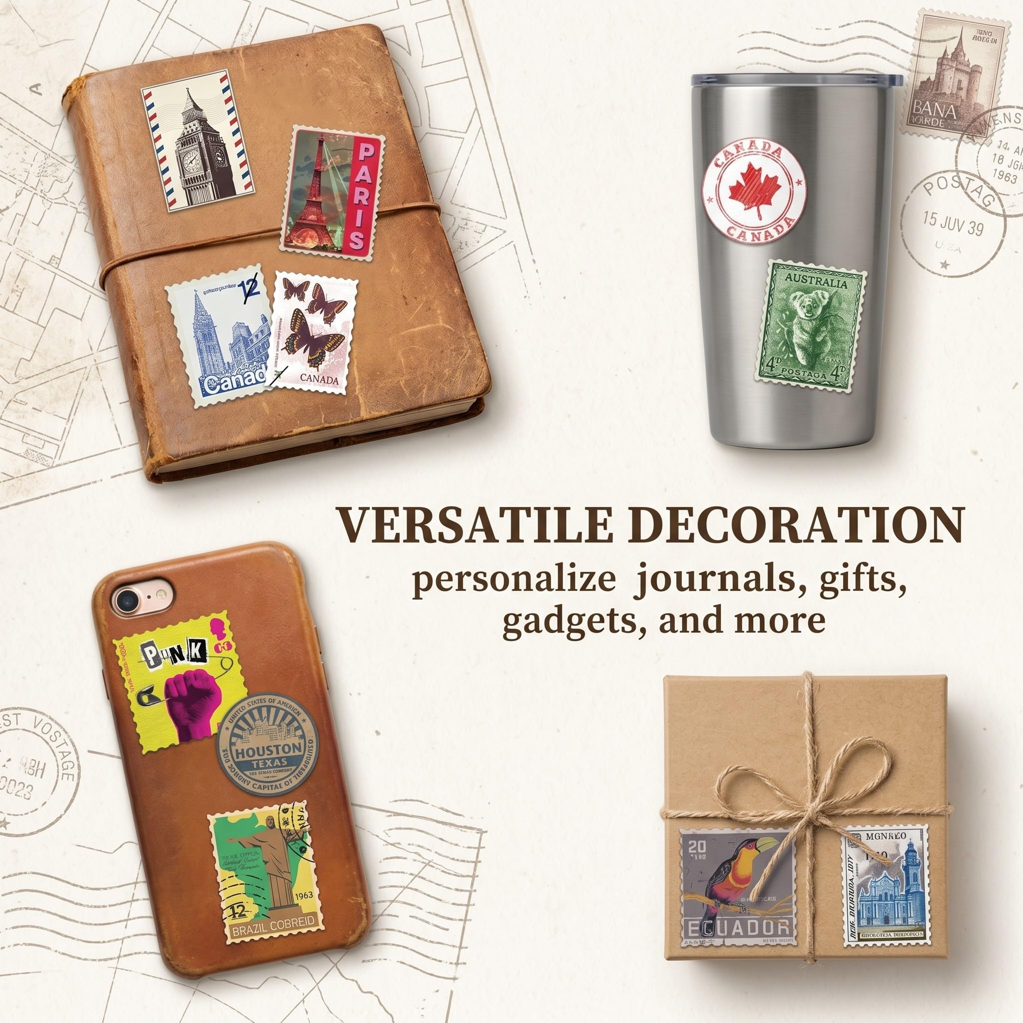 50 Pezzi Adesivi Vintage da Viaggio, Stickers Impermeabili in Vinile Stile Timbro Postale Retrò per Valigia, Laptop, Moto, Camper e Scrapbooking, Set di Decalcomanie Souvenir del Mondo