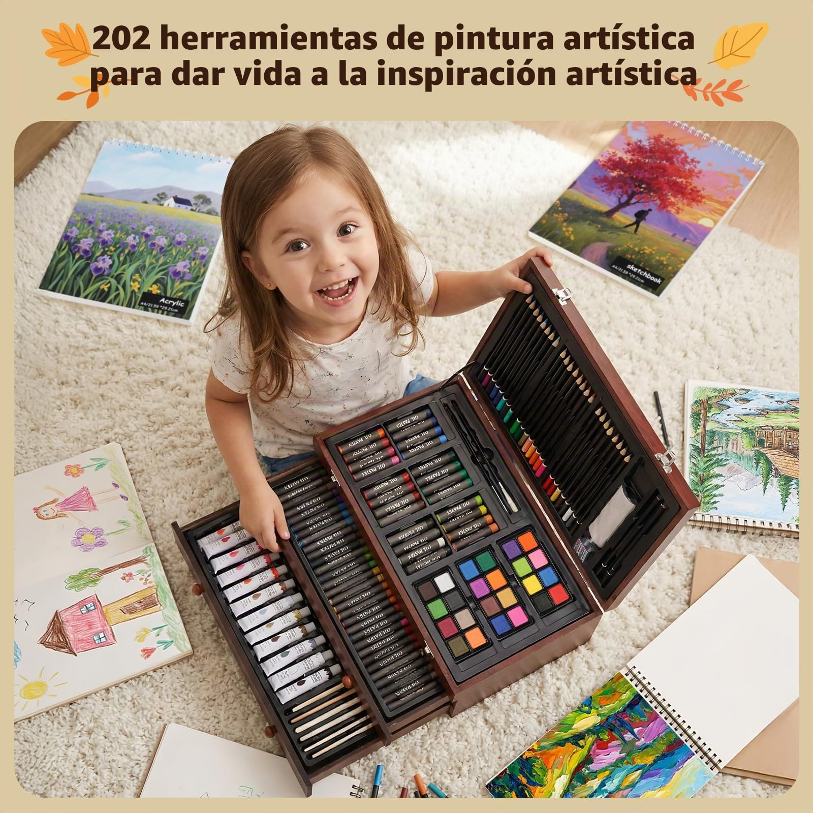 MAMIZO Juego de pintura premium de 202 piezas, maletín de pintura con ceras, lápices de colores, pasteles al óleo y pinturas acrílicas, caballete y caja de madera, juego de pintura para niños y