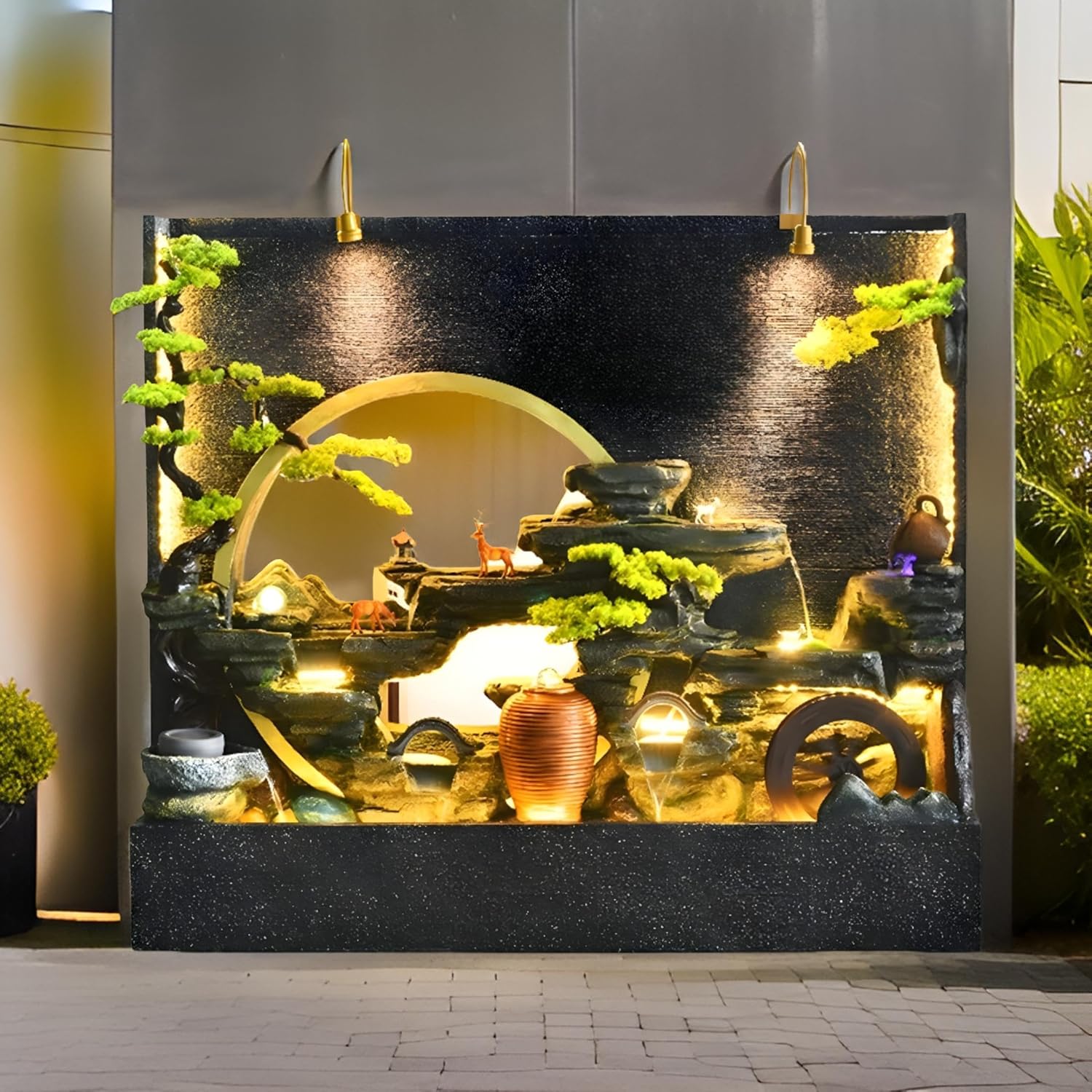 6.86ft Deluxe Fountain - with Fish Pond, Landscape, LED Lights, Smoke Machine and Crystal Beads, Floor Standing Deluxe Decorative Fountain for Villa, Patio and Garden