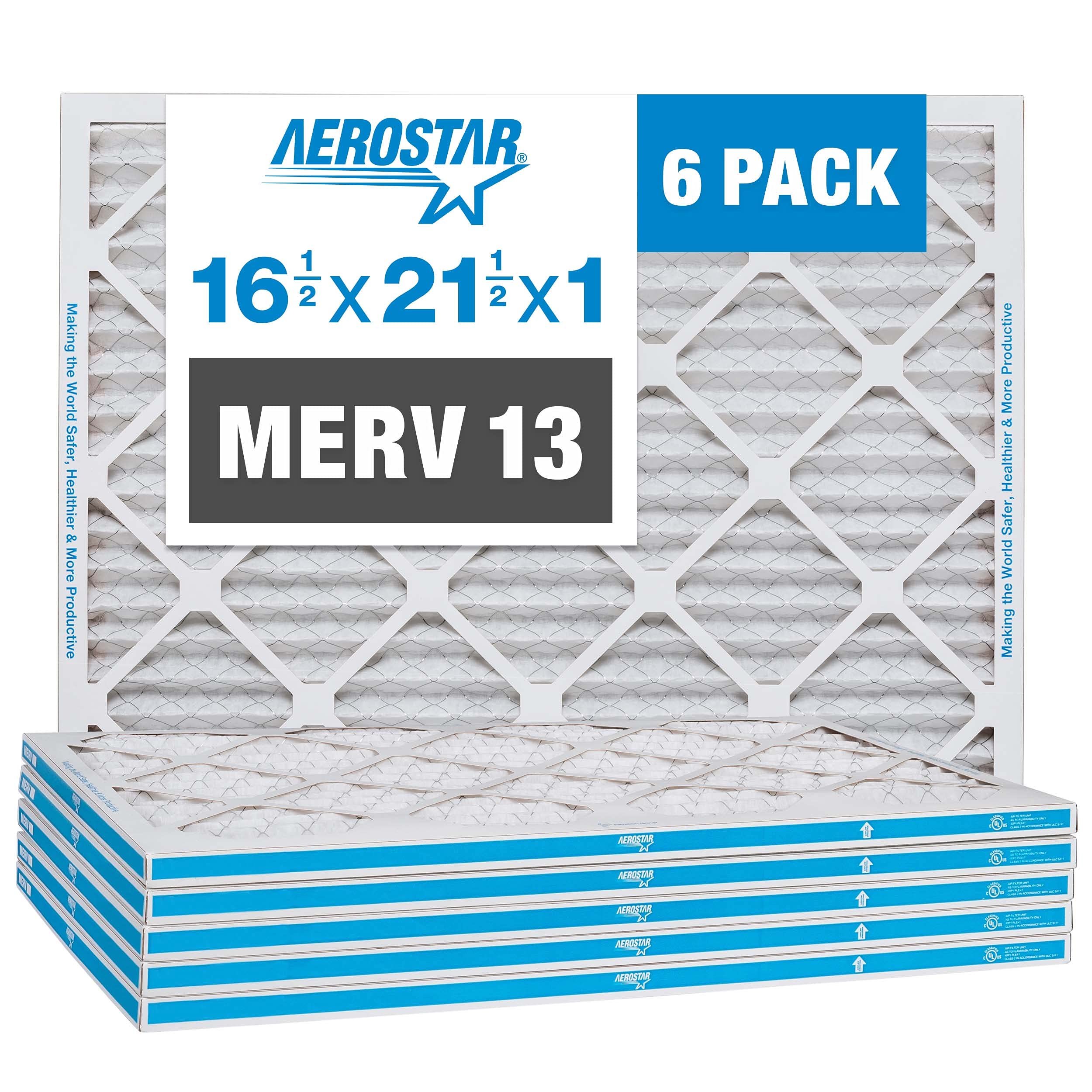 Aerostar 16 1/2x21 1/2x1 MERV 13 Pleated Air Filter, AC Furnace Air Filter, (Pack of 6) (Actual Size: 16 1/2" x 21 1/2" x 3/4")