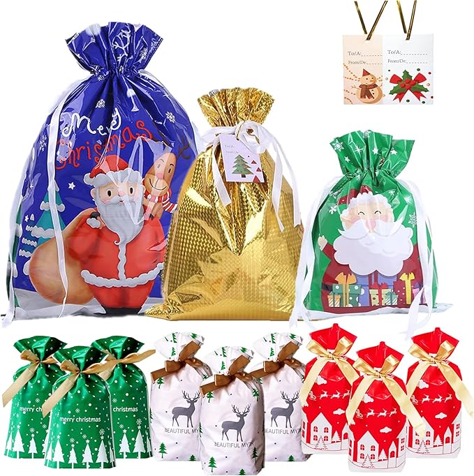 36pcs Christmas Drawstring Gift Bags with 30 Tags, 6 Designs, 4 Sizes - Reusable for Presents & Parties