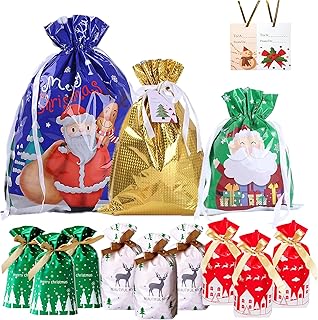 Aisszhao 36Pcs Christmas Drawstring Gift Bags with 30 Tags,6 Design 4 Size Christmas Goody Bags Gift Wrapping Bags,Reusable Christmas Bags for Presents,Christmas Party,Holiday Decorations