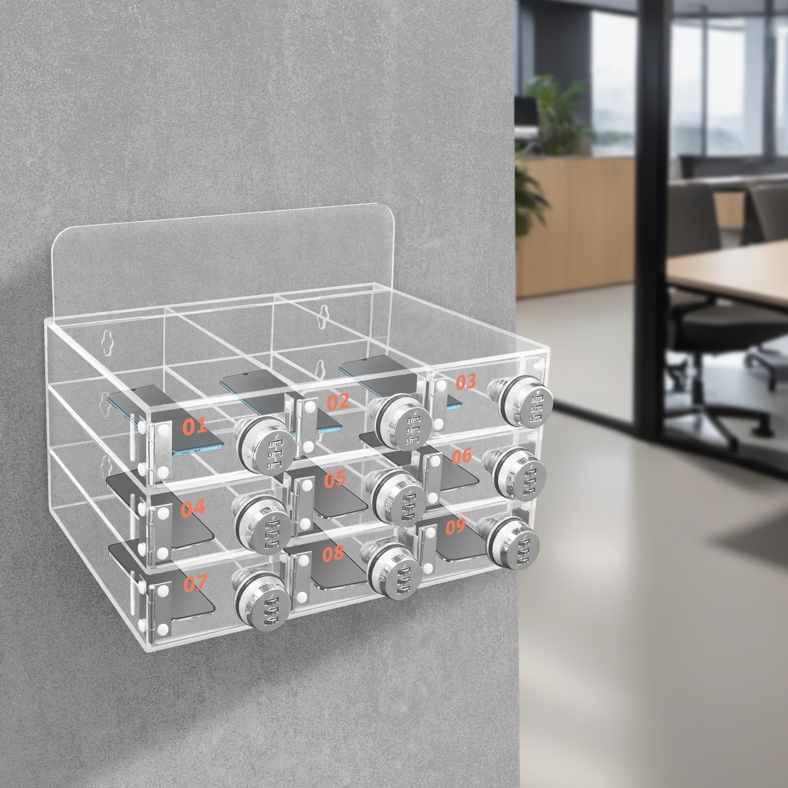 Uphilltool 9 Slots Cell Phone Locker Box, Acrylic Clear Phone Storage Cabinet Wall-Mounted Cell Phone Storage Locker w/Combination Lock for Schools Office Gym