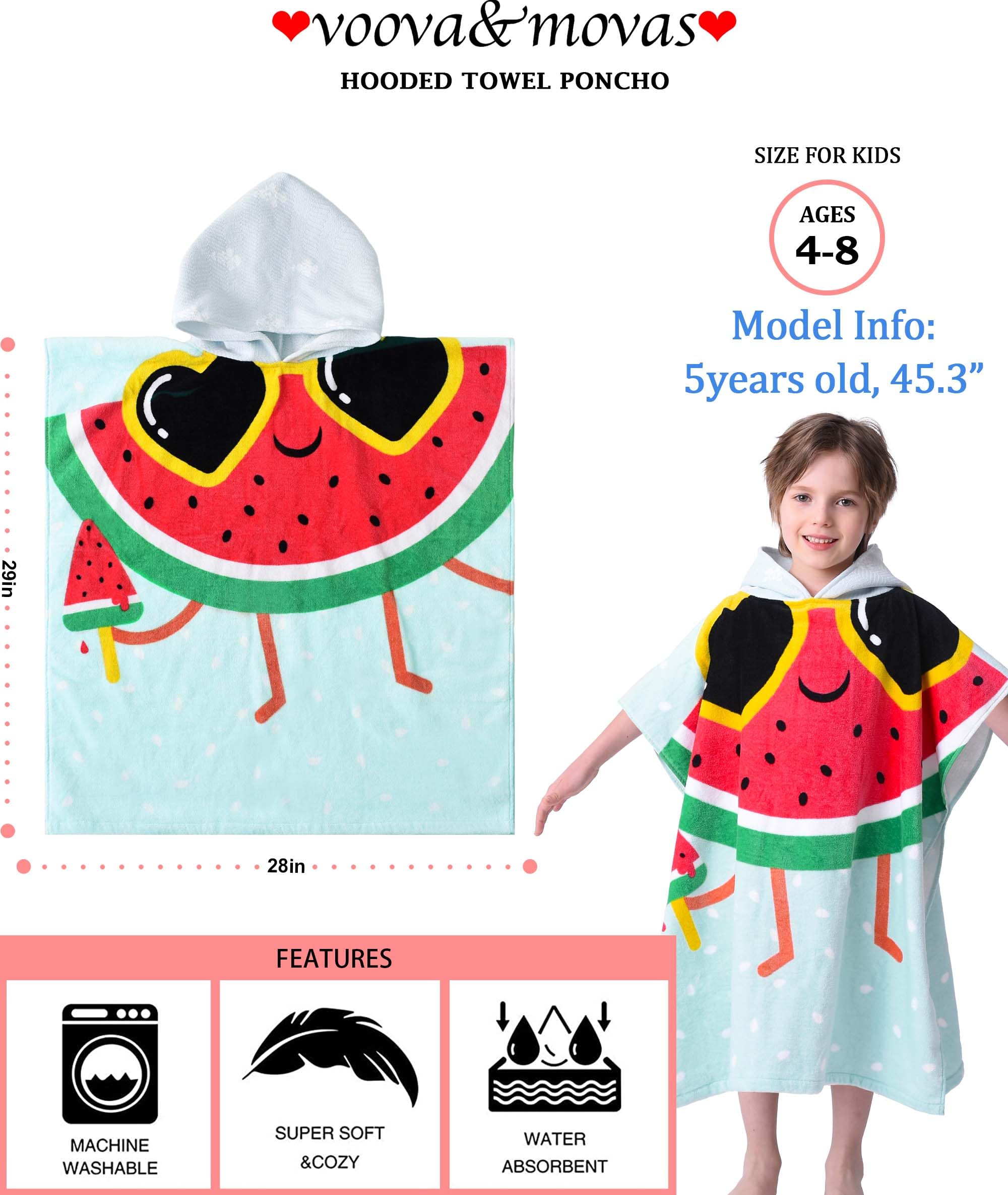 VOOVA & MOVAS Toallas de playa para niños con capucha (4-8 años) de algodón suave súper absorbentes, toalla poncho de piscina para niños y niñas, perfecto para verano, natación, regalos, sandía