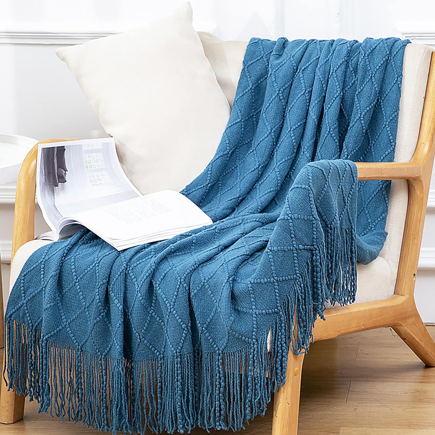 Light Blue Tassel Throw Blanket,Soft Acrylic Fabric Knitted Blanket for Couch and Beds,51 x 70 inch(130 x 180 cm)
