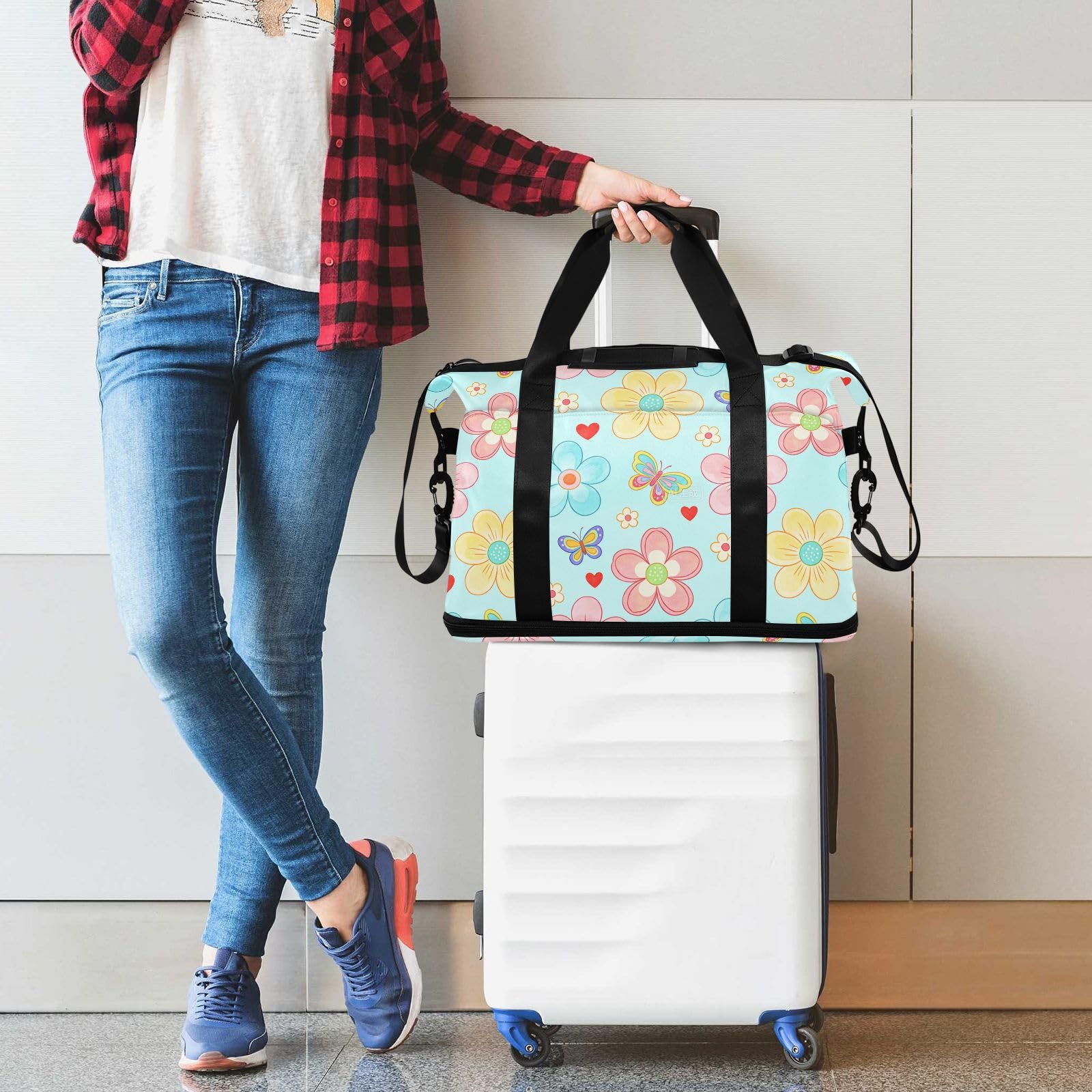 2-teiliges Set mit bunten Blumen, Gepäck, Reisetasche, Handgepäcktasche mit Kulturbeutel für Geschäftsreisen