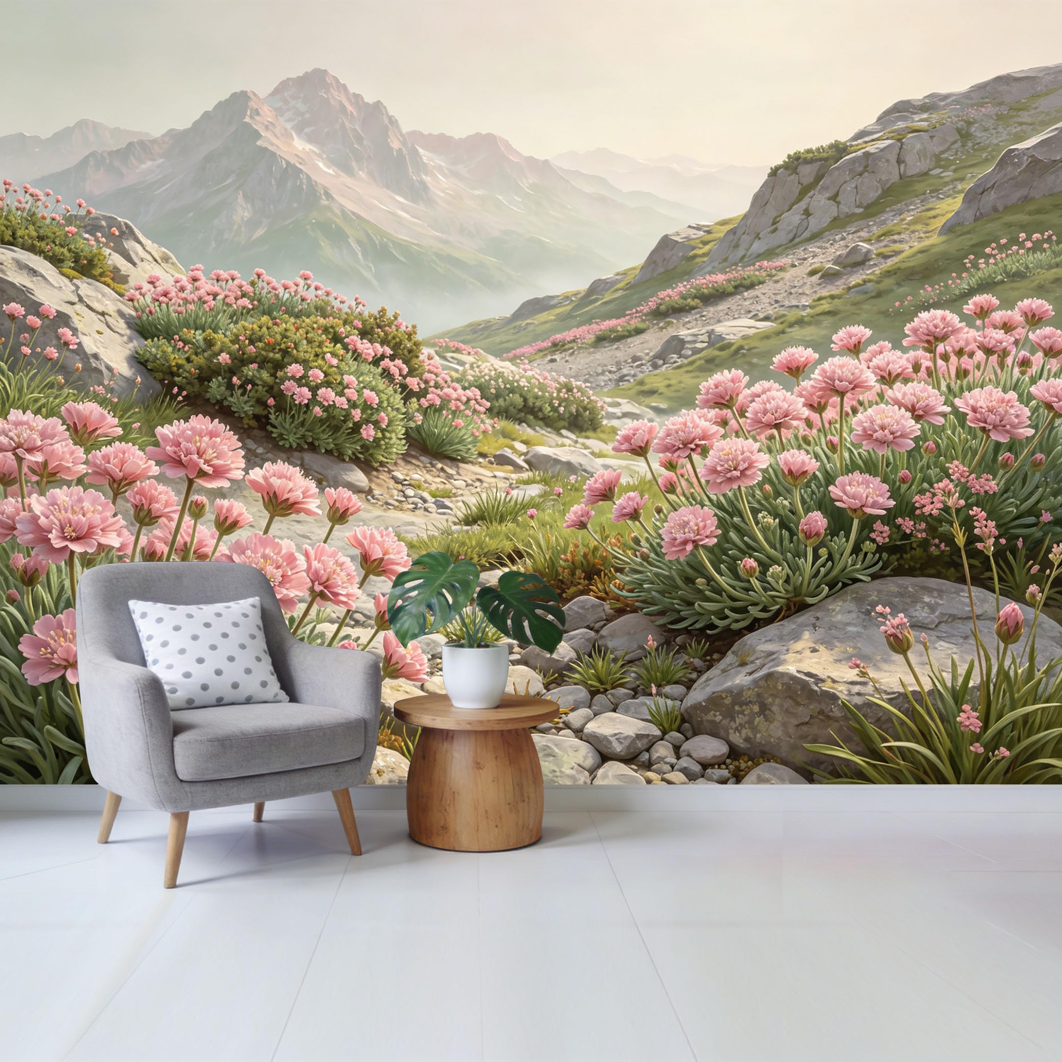 Qzlithotic Yq2605250890 Custom Size Wall Mural Pink Alpine Flower Meadow Scenic Mountain Landscape Botanical Selfadhesive Wall Fabric Removable Wallpaper For Home Office Decor