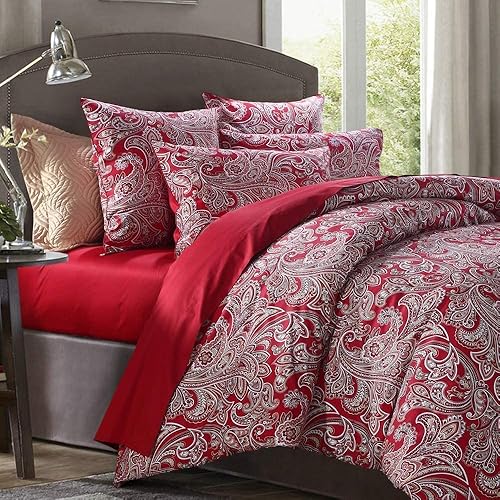 Brandream Edredón de lujo con impresión en cachemira e imitación, juego de 3piezas de cama medallón de bohemia y damasco, satén de algodón egipcio