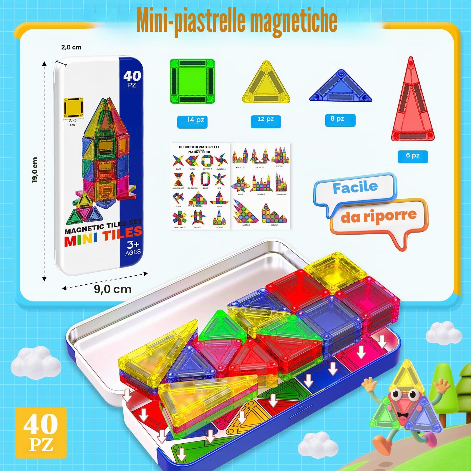 Lot di 40 mini blocchi magnetici per bambini dai 4 agli 8 anni - Giochi silenziosi in auto + giochi magnetici da viaggio