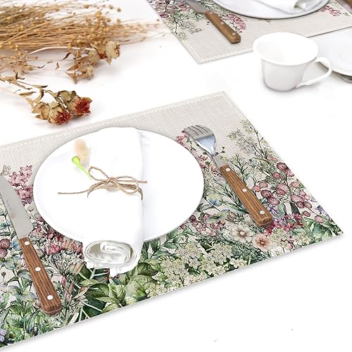 Miniatura 6 de Juego de 6 manteles individuales de lino con diseño de flores silvestres, mariposas, resistentes al calor, lavables, para decoración de cocina,